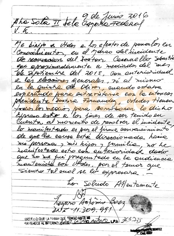 La carta de Lázaro Báez donde cuenta la visita de Casanello a Cristina