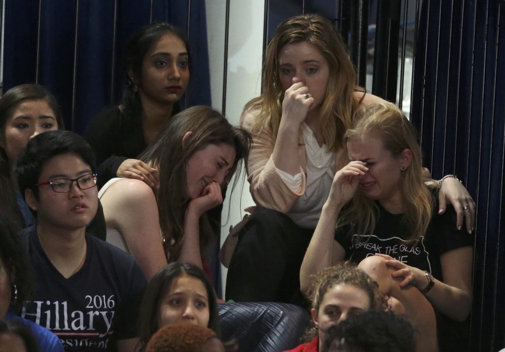 Supporters of U.S. Democratic presidential nominee Hillary Clinton react at her election night rally in Manhattan